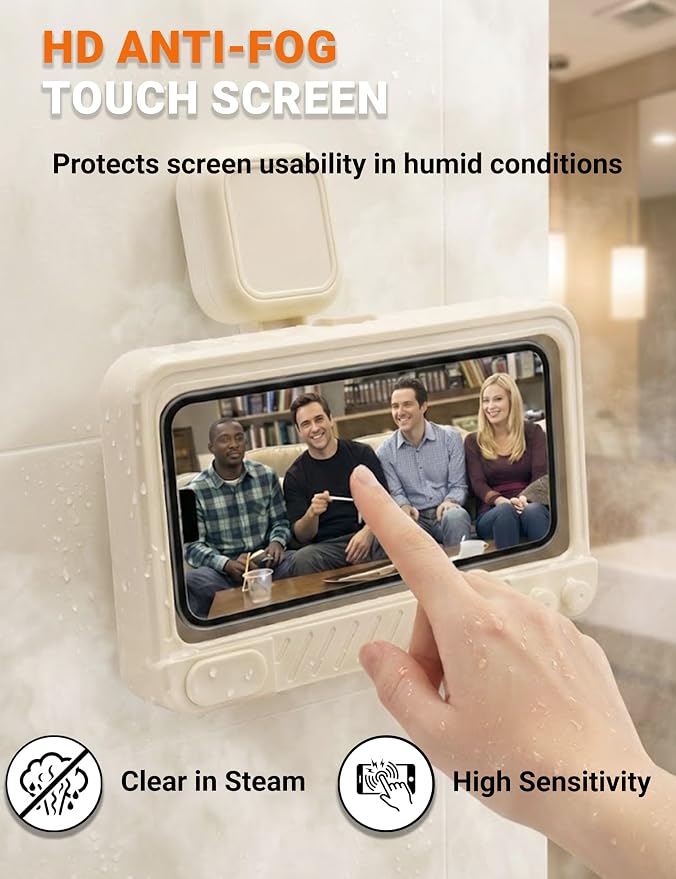 Shower Phone Holder Waterproof 360° Adjustable Rotating, Anti-Fog Touch Screen Wall Mount Phone Stand for Bathroom Mirror Bathtub Kitchen, Fits iPhone 17 16 15 Pro Max for 4-7" Cellphones Beige