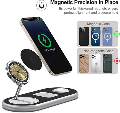 3 in 1 Charging Station for Apple Devices, Faster Mag-Safe Charger Stand, Magnetic Wireless Charger Station for iPhone 17 16 15 14 13 12 Pro Max Plus, Apple Watch iwacth & AirPods, Adjustable Angle