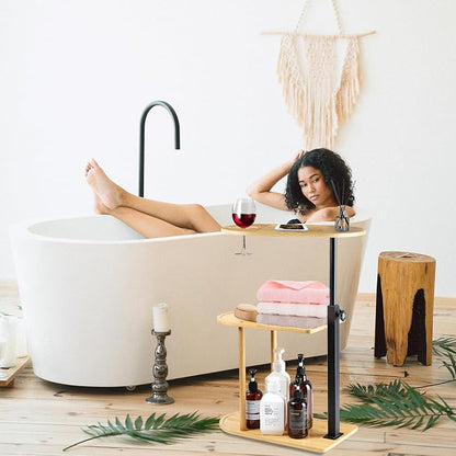 3 Layer Bamboo Bathtub Tray Table, Modern Design with 360 Swivel, Height Adjustable, Phone & Wine Glass Slots, Space-Saving for Bathroom, Bedroom, Kitchen