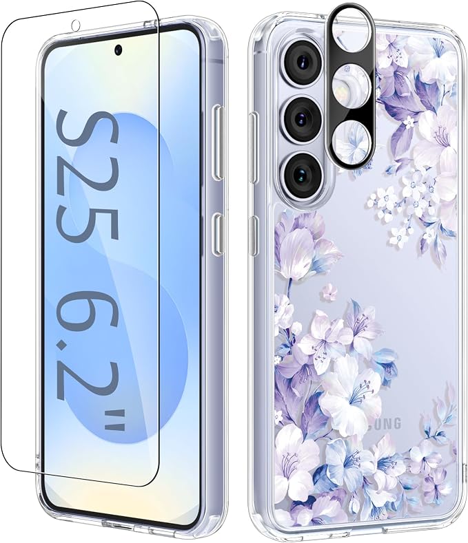 GVIEWIN for Samsung Galaxy S25 Case, Clear Floral Slim Shockproof Protective Women Phone Case, Non-Yellowing, with Screen Protector & Camera Lens Protector for Galaxy S25 6.2", Foliolosa/Blue