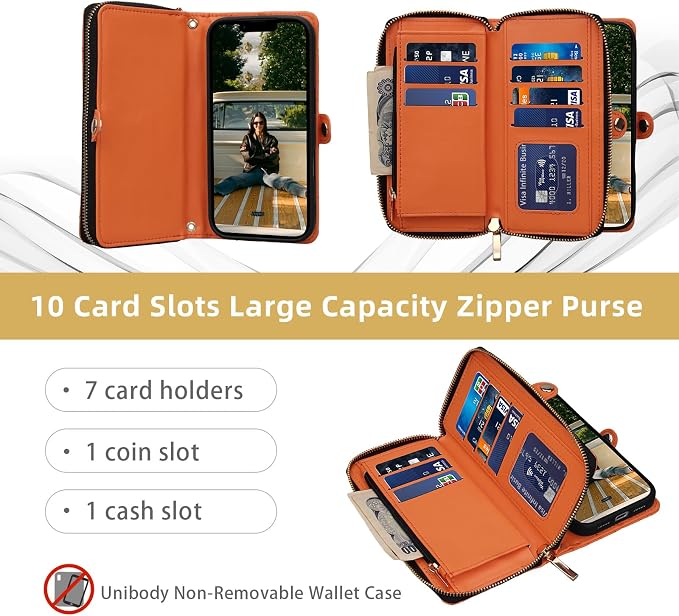 Rssviss Crossbody Case for iPhone 17 Pro Case Wallet, RFID Blocking Leather with Card Holder Kickstand, Handbag Zipper Flip Cover with Wrist Strap for iPhone 17 Pro Men Women 6.3", Orange