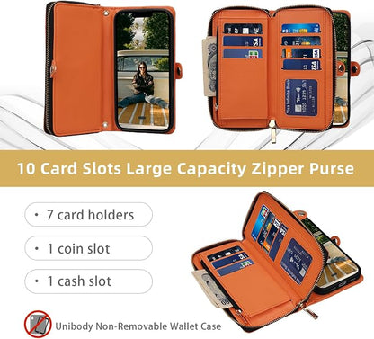 Rssviss Crossbody Case for iPhone 17 Pro Case Wallet, RFID Blocking Leather with Card Holder Kickstand, Handbag Zipper Flip Cover with Wrist Strap for iPhone 17 Pro Men Women 6.3", Orange