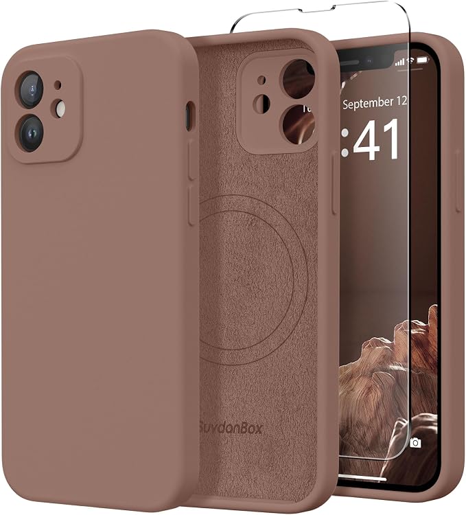 Magnetic for iPhone 12 Case, Compatible with MagSafe, [Full Camera Protection][Screen Protector] Silicone Shockproof Protective Phone Case for iPhone 12 6.1", Brown