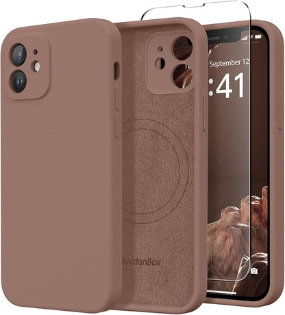 Magnetic for iPhone 12 Case, Compatible with MagSafe, [Full Camera Protection][Screen Protector] Silicone Shockproof Protective Phone Case for iPhone 12 6.1", Brown
