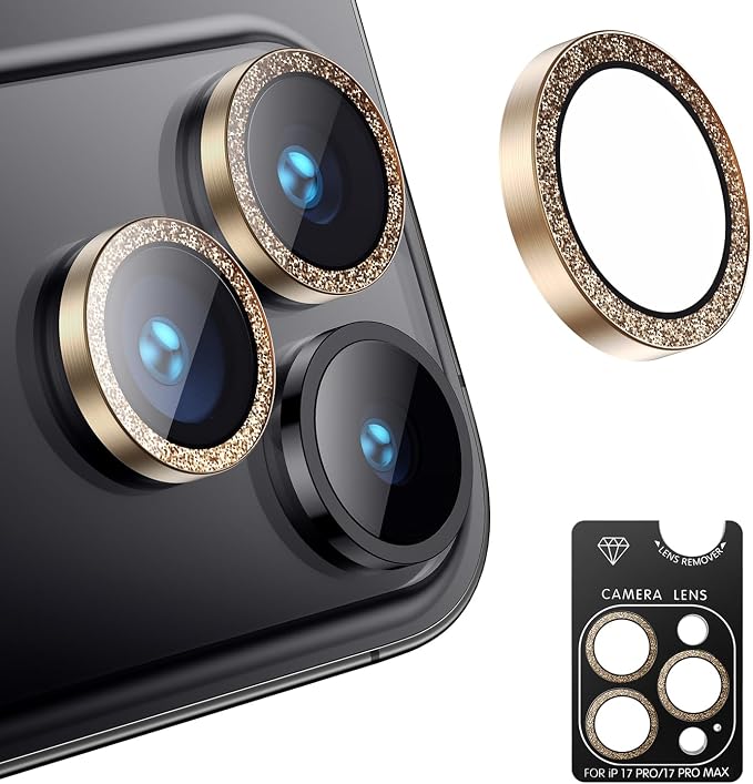 AFARER Camera Lens Protector for iPhone 17 Pro/ 17 Promax,[Strong Adsorption] 9H Aerospace Tempered Glass Anti-Scratch,Ultra-tough HD Individual,Diamond-Glitter Glitter Bling,Gold