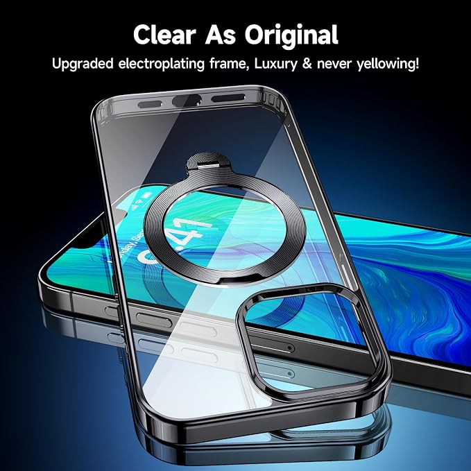 [Tri-Shield Protection] for iPhone 13 Pro Max Case with 360° Spin Stand Compatible with MagSafe [Magnetic CD Ring][Screen & Camera Lens Protector] Shockproof Plating Never-Yellowing, Black-6.7"