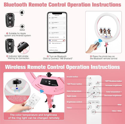 Ring Light with Stand 22inch Kit: Professional Ring Light Overhead Tripod for iPhone ipad, LCD Display/2 USB Ports for Makeup Barber Tattoo Lash Extension Video Photography Lighting (Pink)