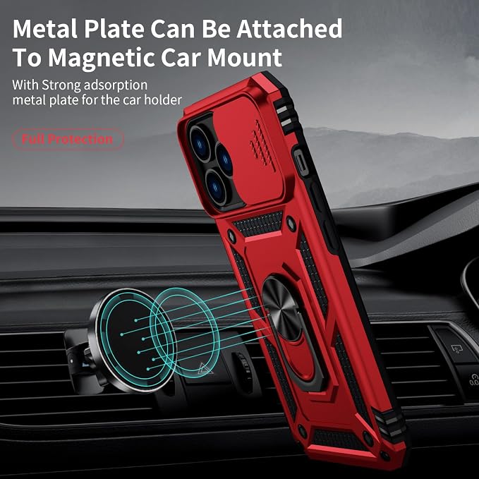 for iPhone 13 Pro Case with Camera Lens Cover, HD Screen Protector, 10 FT Military Grade Drop Protection, Magnetic Ring Holder Kickstand Protective Phone Case for iPhone 13 Pro, Red