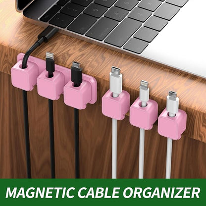 Magnetic Cable Organizer for Desk – Upgraded Wire Clips with Adhesive Base – Desktop Cord Holder for USB, Charging Cables – 6 Clips + 1 Magnetic Base (Pink)