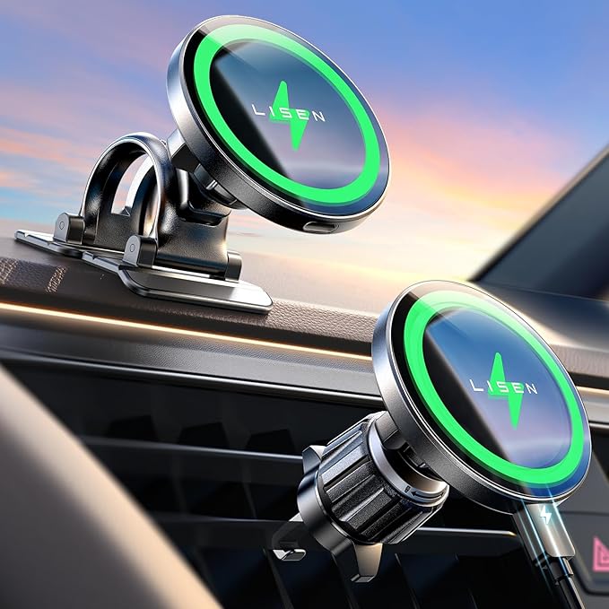 LISEN 15W MagSafe Car Mount Charger,Travel MagSafe Charger,Wireless Car Charger,Magnetic Phone Holder for Car,Phone Holders for Your Car Accessories for Women Men Jeep Ford for iPhone 17-12,Samsung