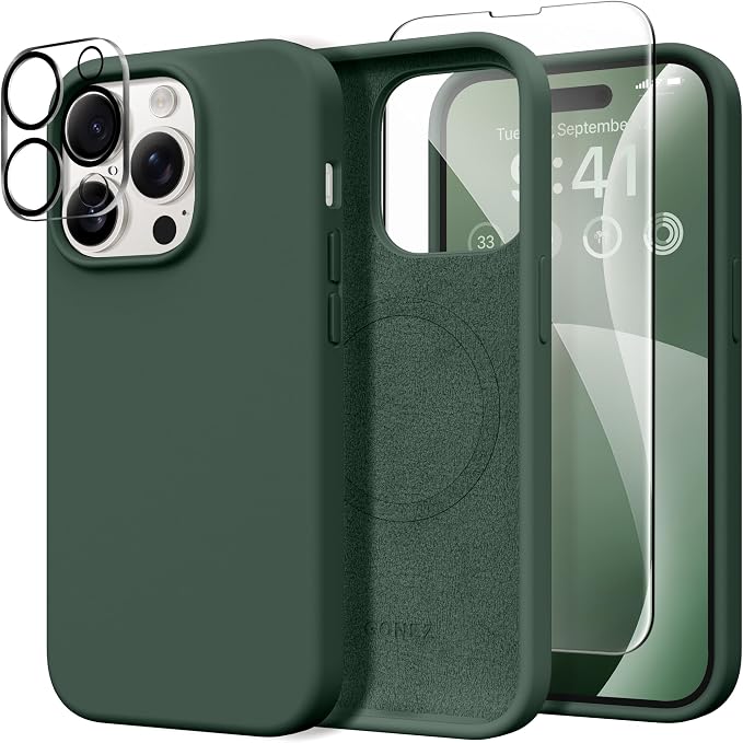 GONEZ for iPhone 14 Pro Max Case Silicone, Compatible with MagSafe, with Screen Protector + Camera Lens Protector, Liquid Silicone Shockproof Protective Phone 14 ProMax Case 6.7", Dark Green