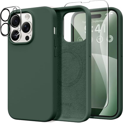 GONEZ for iPhone 14 Pro Max Case Silicone, Compatible with MagSafe, with Screen Protector + Camera Lens Protector, Liquid Silicone Shockproof Protective Phone 14 ProMax Case 6.7", Dark Green
