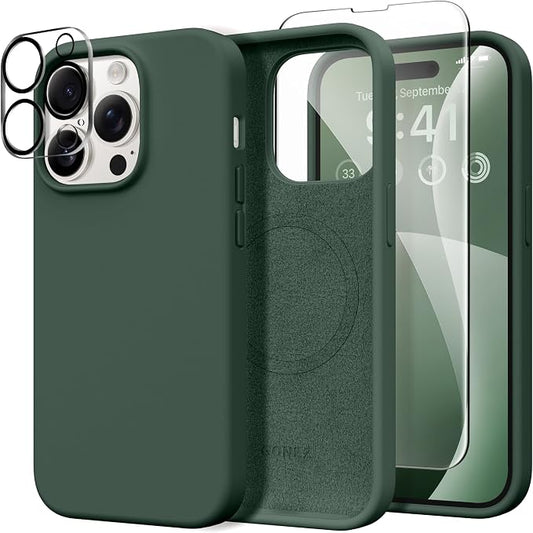GONEZ for iPhone 14 Pro Max Case Silicone, Compatible with MagSafe, with Screen Protector + Camera Lens Protector, Liquid Silicone Shockproof Protective Phone 14 ProMax Case 6.7", Dark Green