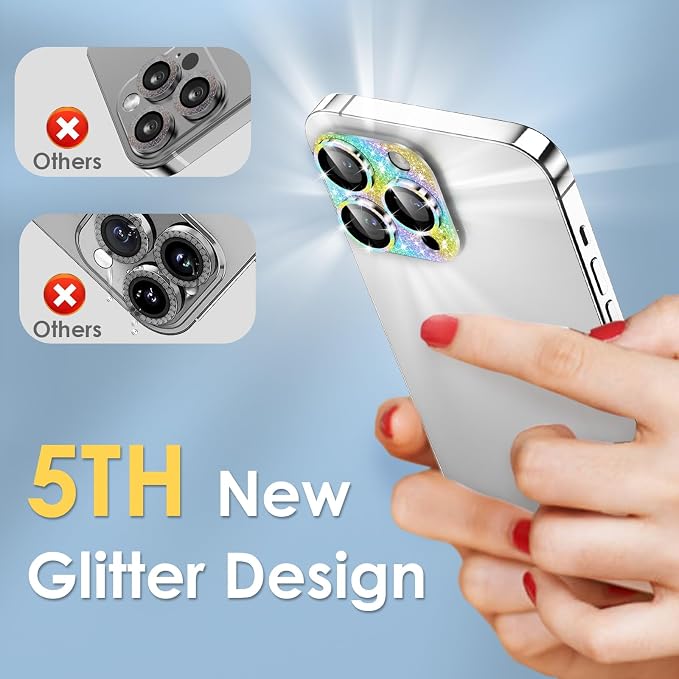 YWXTW for iPhone 15 Pro/iPhone 15 Pro Max Camera Lens Protector, [5TH Gen New Glitter Design] Full Bling Sparkly Diamond Tempered Glass Screen Protector Metal Camera Cover Accessories (Multi-Coloured)