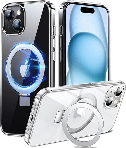 Chicfun 3-in-1 [Magnetic+Kickstand+Ring Holder] for iPhone 15 Case Stand Ring Holder Compatible with MagSafe, Magnetic Military Shockproof Protective iPhone 15 Phone Case Kickstand Cover Clear