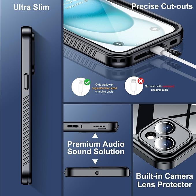 SPIDERCASE for iPhone 15 Case Waterproof, Built-in Lens & Screen Protector, Full Heavy Duty Protection, 12FT Military Shockproof, Dustproof Phone Case,Black