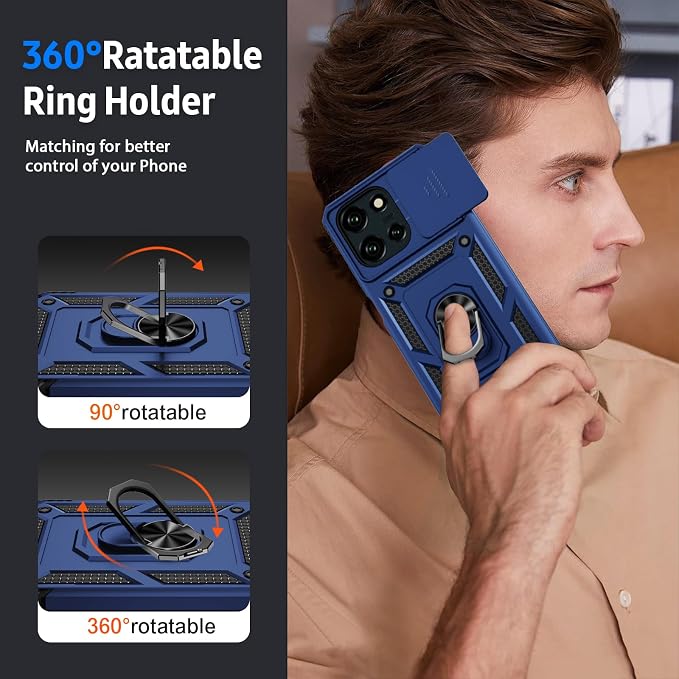 Weycolor for Moto G Stylus 2025 Case with Camera Lens Cover, HD Screen Protector, 10 FT Military Grade Drop Protection, Magnetic Ring Holder Kickstand Protective Phone Case, Navy Blue