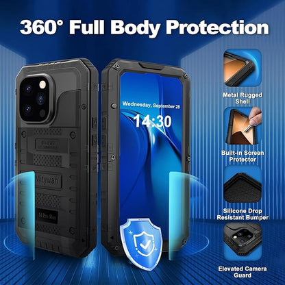 Mitywah Waterproof Case for iPhone 14 Pro Max, Heavy Duty Metal Case with Built-in Screen Protector, Military Grade Drop Protection Full Body Aluminum Protective Cover 6.7 inch, Black