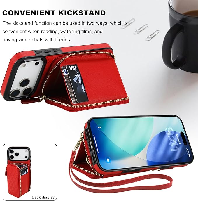 Bocasal Crossbody Wallet Case for iPhone 17 Pro Max, RFID Blocking PU Leather Zipper Handbag Purse Flip Cover, Kickstand Folio Case with Card Slots Holder Wrist Strap Lanyard 5G 6.9 Inch (Red)