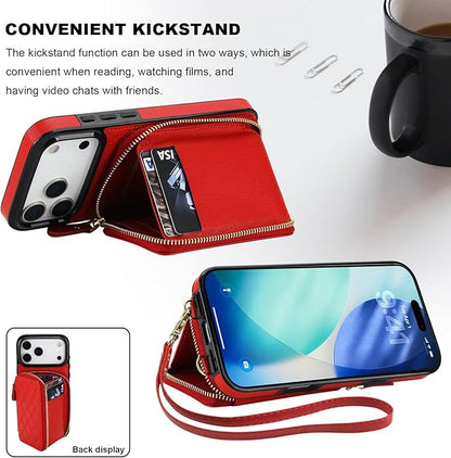 Bocasal Crossbody Wallet Case for iPhone 17 Pro Max, RFID Blocking PU Leather Zipper Handbag Purse Flip Cover, Kickstand Folio Case with Card Slots Holder Wrist Strap Lanyard 5G 6.9 Inch (Red)