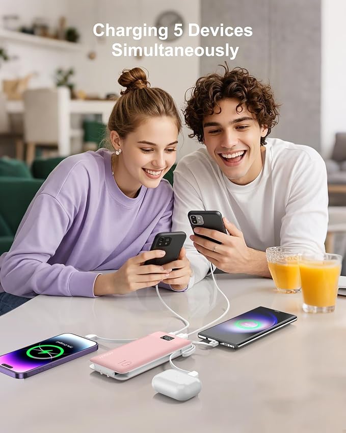 Portable Charger Built-in Cables and AC Wall Plug, 10000mAh 22.5W PD Fast Charging Power Bank, Lightweight Compact Battery Pack Travel Essentials for iPhone 17/16/15/14/13 Series,Samsung,Tablets