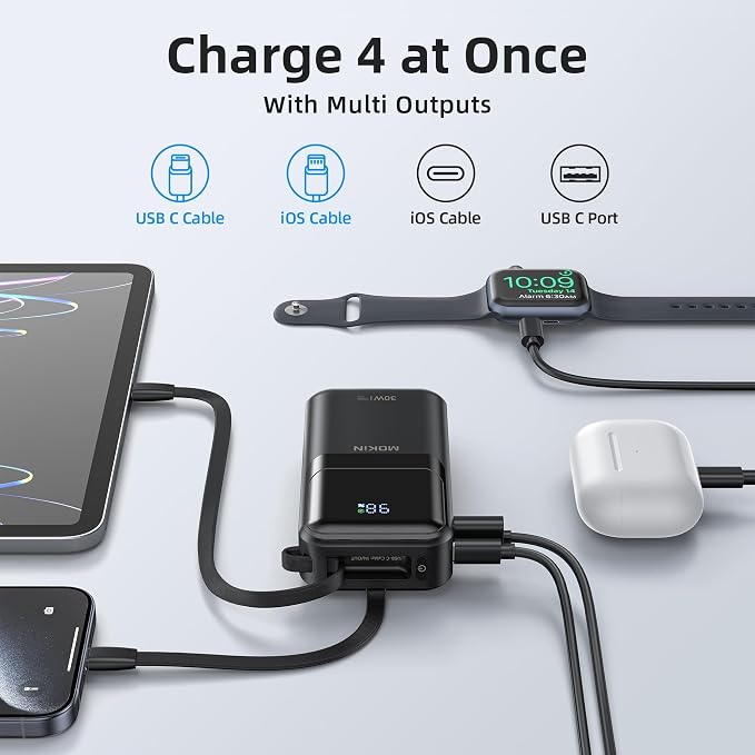 MOKiN Portable Charger, 10000mAh 30W Power Bank Fast Charging, Phone Battery Pack with Built in Cable, 4 Outputs, Travel Compact Powerbank USB C for iPhone iPad Pro MacBook Air Samsung