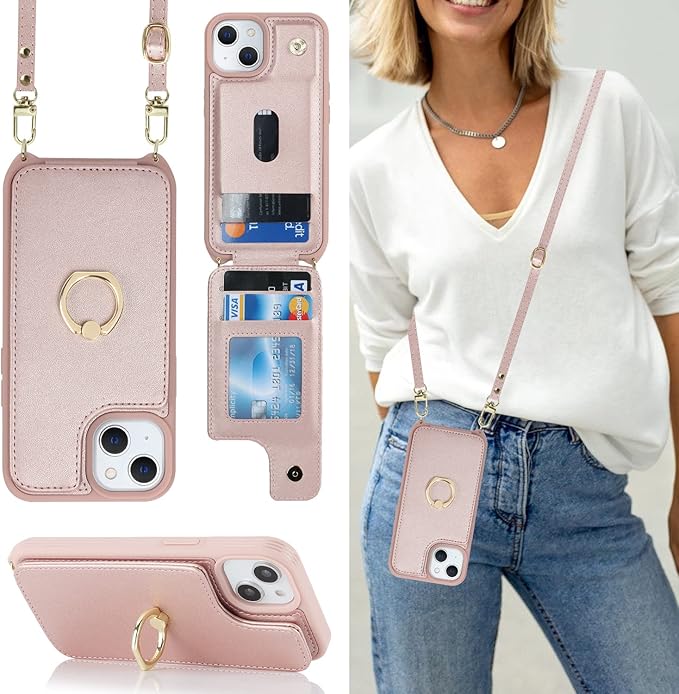 Lipvina for iPhone 14 Case with Card Holder and Strap for Women,Crossbody Lanyard,RFID Blocking,Ring Stand,Snap Clasp,Phone Wallet Cases 6.1 inch(Rose Gold)