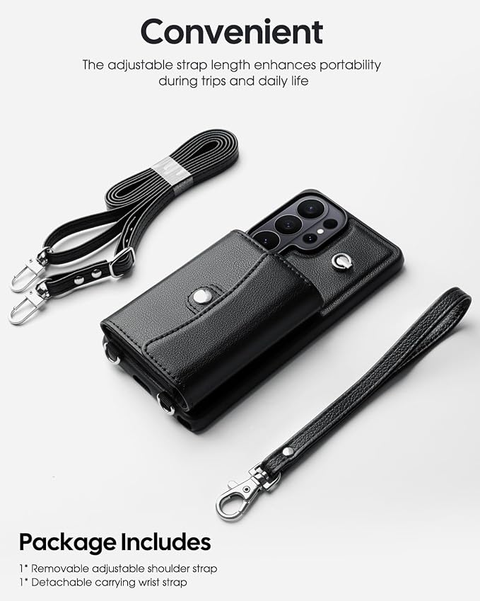 OCASE Compatible with Samsung Galaxy S26 Ultra Crossbody Wallet Case with Card Holder, PU Leather Phone Purse with RFID Blocking Kickstand Wrist Strap Lanyard, Black