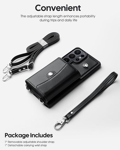 OCASE Compatible with Samsung Galaxy S26 Ultra Crossbody Wallet Case with Card Holder, PU Leather Phone Purse with RFID Blocking Kickstand Wrist Strap Lanyard, Black