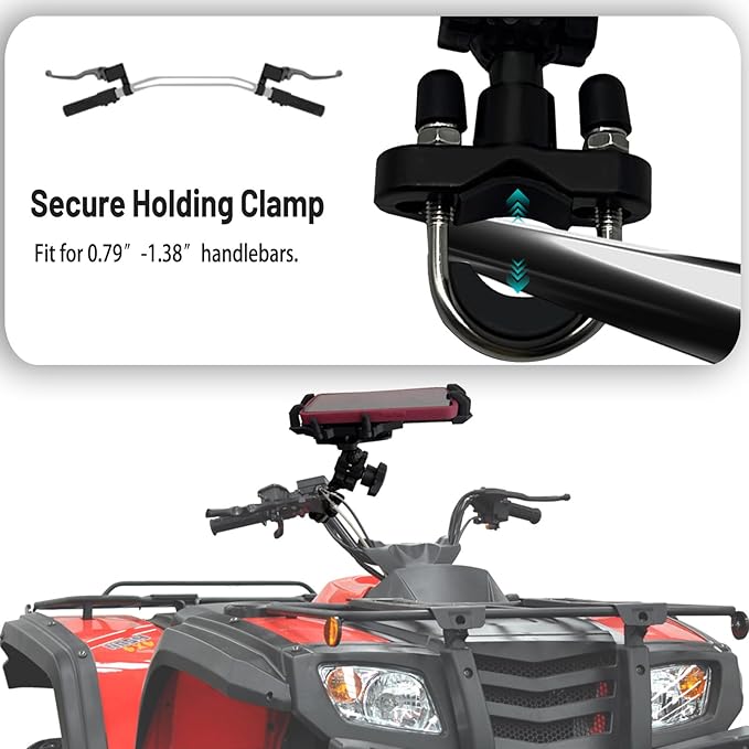 QYMOTO ATV Phone Holder Mount,Motorcycle Handlebar Phone Mount,4 Wheeler Anti Vibration 360 Cell Phone Holder Clamp Fit CFMOTO Cforce,Polaris Sportsman,Can am Outlander Adjustable Fit 4.7"-7.1'' Phone