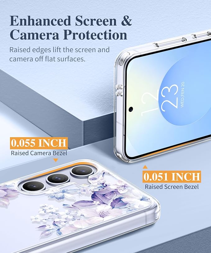 GVIEWIN for Samsung Galaxy S25 Plus Case, Clear Floral Slim Shockproof Protective Women Phone Case, Non-Yellowing, with Screen Protector & Camera Lens Protector for S25 Plus 6.7", Foliolosa/Blue