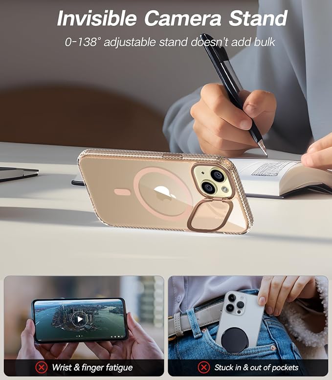 [Upgraded] for iPhone 15 Case with Camera Cover Stand [Fit for MagSafe][9H Camera Lens Protector] Mil-Grade Protection Transparent Magnetic iPhone 15 Phone Case, Clear Gold