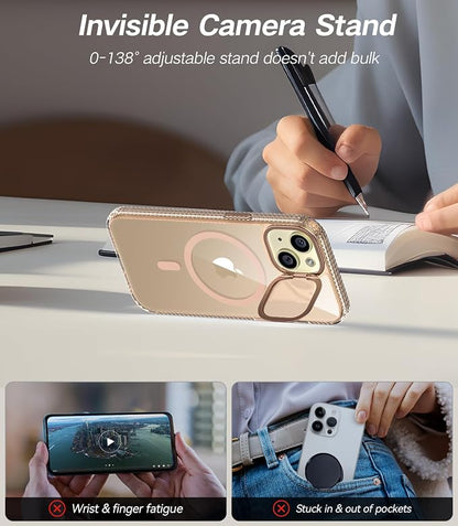 [Upgraded] for iPhone 15 Case with Camera Cover Stand [Fit for MagSafe][9H Camera Lens Protector] Mil-Grade Protection Transparent Magnetic iPhone 15 Phone Case, Clear Gold