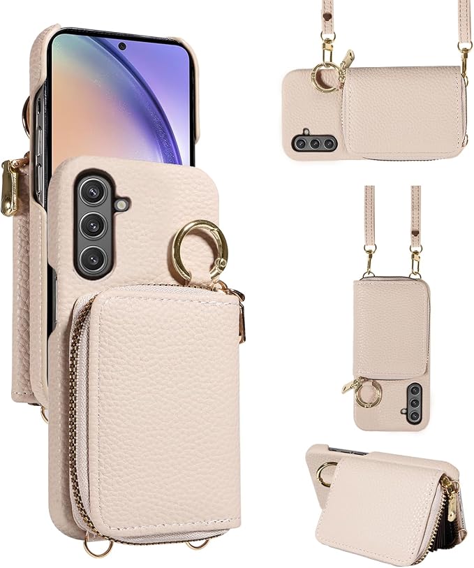 Wallet Case for Samsung Galaxy A36 5G with Shoulder Strap Ring Buckle, PU Leather Zipper Flip Organ Purse, Credit Card Holder Stand Full Body Cell Phone Cover for A 36 36A LTE SM-A366U White