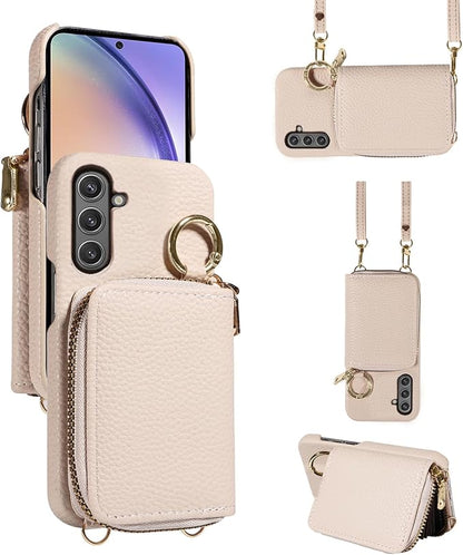 Wallet Case for Samsung Galaxy A36 5G with Shoulder Strap Ring Buckle, PU Leather Zipper Flip Organ Purse, Credit Card Holder Stand Full Body Cell Phone Cover for A 36 36A LTE SM-A366U White