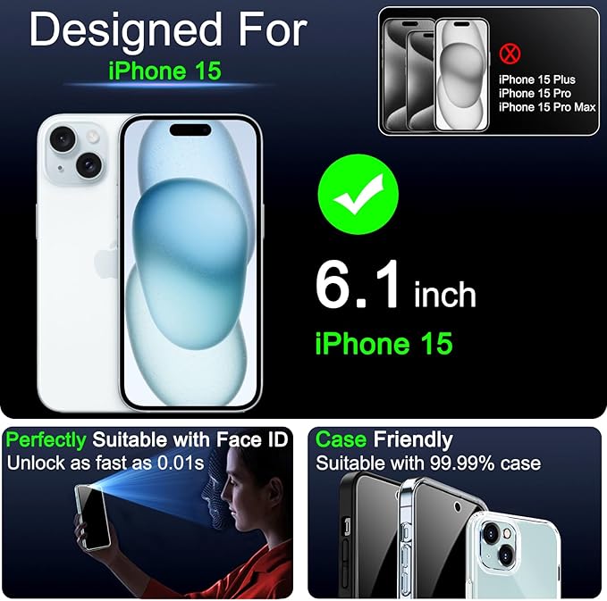 IMBZBK 3 Pack Privacy Screen Protector for iPhone 15 Tempered Glass with 3 Camera Lens Protector, Accessories 9H Anti Spy, 2.5D Curved, Case Friendly, Transparent