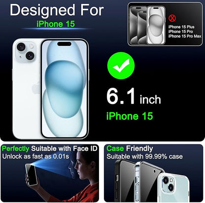 IMBZBK 3 Pack Privacy Screen Protector for iPhone 15 Tempered Glass with 3 Camera Lens Protector, Accessories 9H Anti Spy, 2.5D Curved, Case Friendly, Transparent