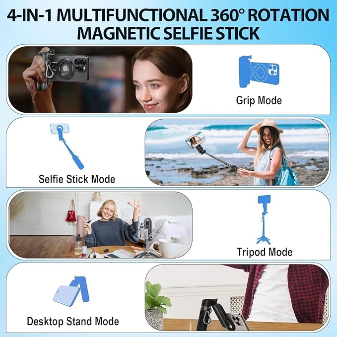 4-in-1 Multifunctional 360° Rotation Magnetic Selfie Stick Universal Magnetic Phone Tripod with Wireless Remote,Portable Extendable Mag Tripod,for Video Recording & Vlog,for iPhone & Android