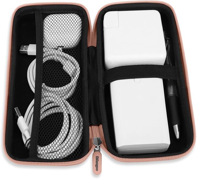 iMangoo Travel Essential Electronics Organizer Pouch Charger Case, Shockproof Dual Zipper Power Bank Cables Tech Accessories Purse, Men & Women Travel Must Have Storage Bag, 8.5x4.5x2 inch Rose Gold
