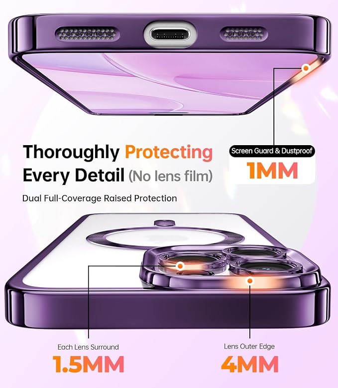 Meifigno Magnetic Case with Removable Phone Ring Stand for iPhone 16 Pro Max 6.9’’, [Glitter Card & Wrist Strap] [MagSafe Compatible] [Built in Mirror] Phone Ring Stand + Phone Case Kit, Purple