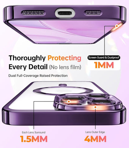 Meifigno Magnetic Case with Removable Phone Ring Stand for iPhone 16 Pro Max 6.9’’, [Glitter Card & Wrist Strap] [MagSafe Compatible] [Built in Mirror] Phone Ring Stand + Phone Case Kit, Purple