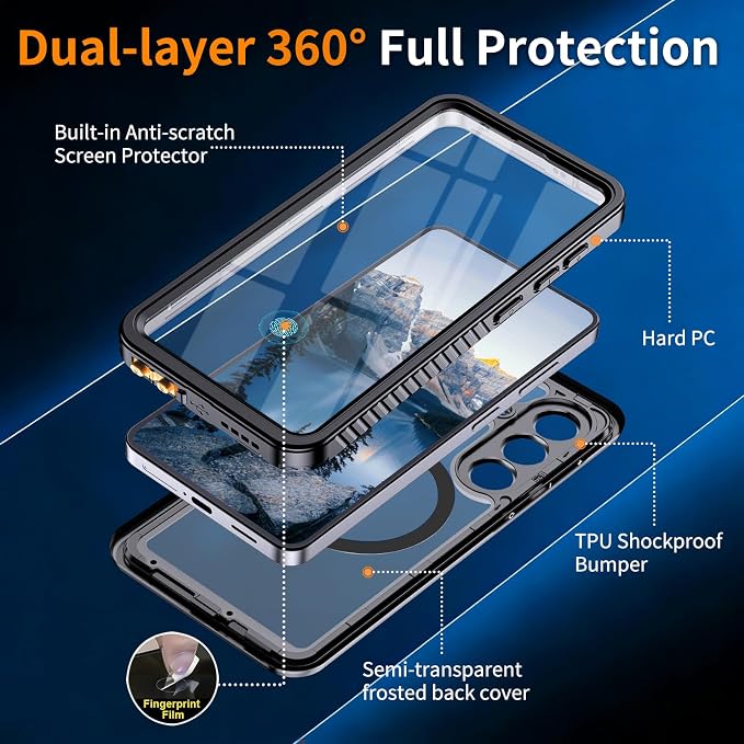 Hualele for Samsung Galaxy S26 Case Waterproof, Compatible with MagSafe, Built in Lens & Screen Protector Rugged Full Body Military Grade Drop Protection IP68 Underwater Cover for Galaxy S26 5G Black
