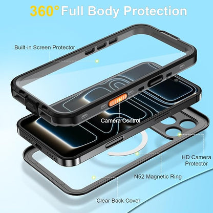 Beasyjoy for iPhone 17 Pro Case Waterproof, Built-in Screen Protector & Full Body Protection, Heavy Duty Rugged Military Shockproof Dustproof Case for Outdoor, Compatible with MagSafe, 6.3 inch Black