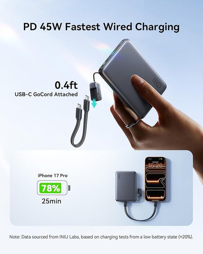 INIU for Magsafe Power Bank, Slimmest Qi2.2 Certified, 25W Magnetic Portable Charger 10000mAh, 45W PD Fast Charging Phone Charger with USB C Cable & LED Display for iPhone 17 16 15 14 13 12 Air Only