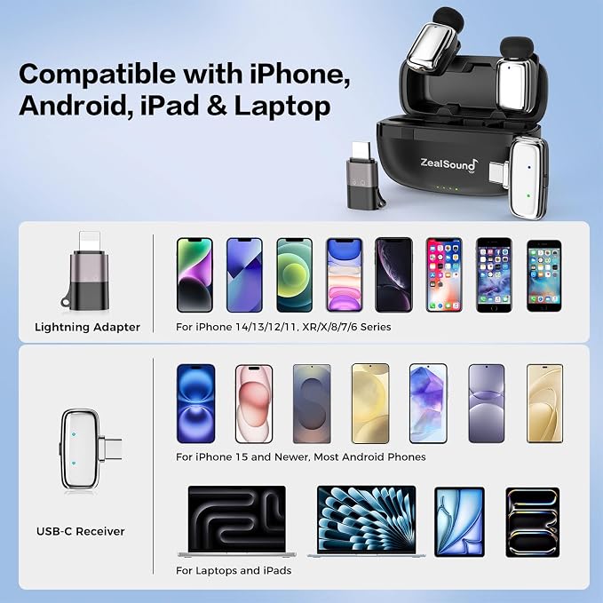ZealSound Mini Microphone, Wireless Lavalier Mic for iPhone/iPad/Android, USB-C/Lightning, Noise Reduction, 33H Battery with Charging Case for Content Creators, TikTok & YouTube Videos - Chrome Silver
