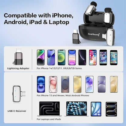 ZealSound Mini Microphone, Wireless Lavalier Mic for iPhone/iPad/Android, USB-C/Lightning, Noise Reduction, 33H Battery with Charging Case for Content Creators, TikTok & YouTube Videos - Chrome Silver
