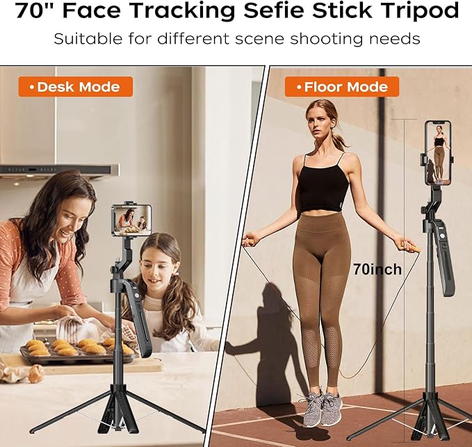 FUNSNAP Auto Face Tracking Tripod for iPhone with Remote, 70 inch Extendable 360° Rotation Selfie Stick Tripod for Android, Phone Holder Video Recording for Content Creators Vlog Live Streaming TIKTok