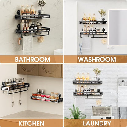 Shower Caddy Suction Cup, 15.7 inch 2 Pack Suction Shower Shelf with Hooks NO-Drilling Bathroom Holder, Rustproof Bathroom Organizer, Black,Includes 2 Extra Suction Cups for Replacement Use