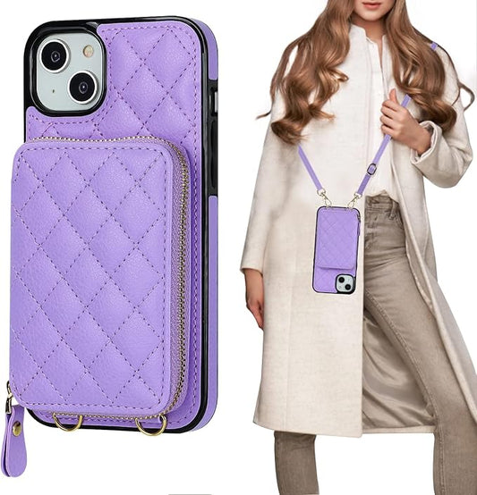 Bocasal Crossbody Wallet Case for iPhone 14 Plus, RFID Blocking PU Leather Zipper Handbag Purse Flip Cover, Kickstand Folio Case with Card Slots Holder Wrist Strap Lanyard 5G 6.7 Inch (Purple)