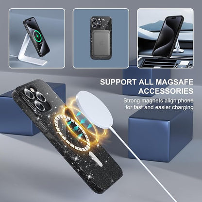 Choiche for iPhone 15 Pro Max Case Magnetic, Women Clear Glitter Bling Sparkly Case, [3xDiamond Camera Lens Protectors] [2xTempered Glass Screen Protectors] [Compatible MagSafe] (Glitter Black)
